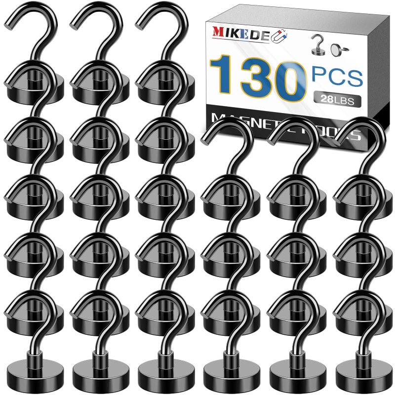 MIKEDE Black Magnetic Hooks Heavy Duty, 30Lbs+ Strong Neodymium Magnets with Metal for Refrigerator,Super Cruise Hanging, Kitchen, Storage - Pack of 130 - Image 1
