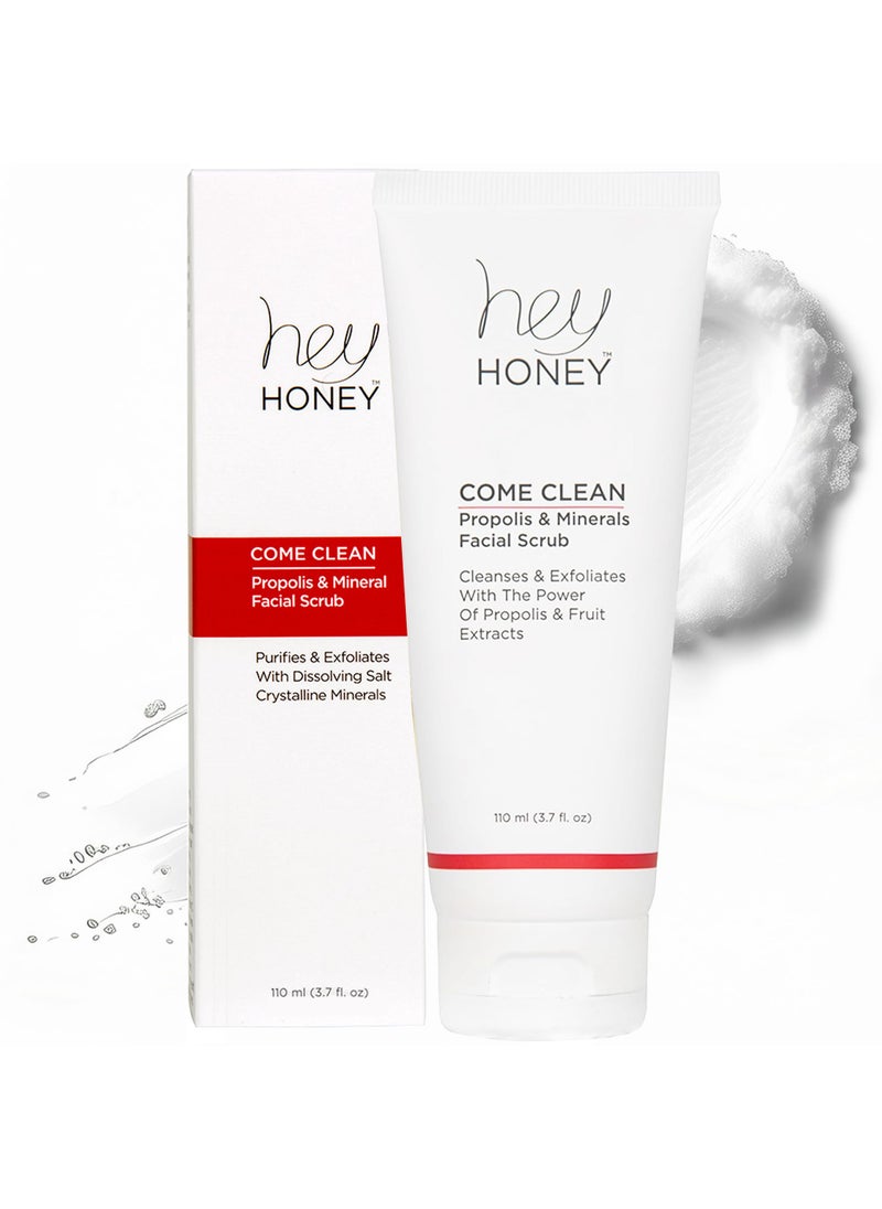Hey Honey Hey Honey, Come Clean Propolis & Mineral Facial Scrub. Rich, Exfoliating, Dead Sea Salt Scrub designed to be gentle enough for even the most sensitive skin. 110ml 
