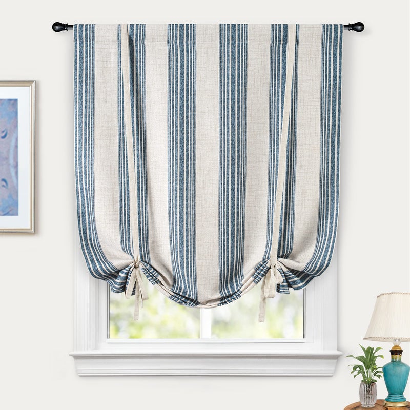 DriftAway DriftAway Chris Double Layer Linen Blackout Tie Up Curtains Thermal Insulated Fully Lined Vertical Striped Balloon Roman Shade Bathroom Window Adjustable Rod Pocket 39 Inch by 55 Inch Jean Navy  - Image 1