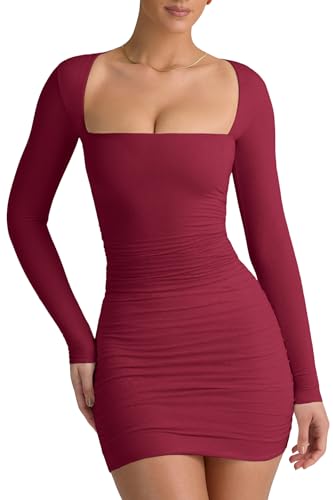 LCNBA Women's Long Sleeve Square Neck Ruched Bodycon Mini Dress WineRed X-Small - Image 1