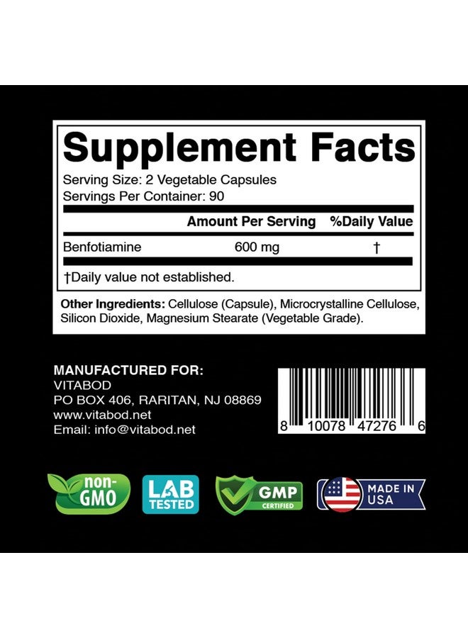 Vitabod Benfotiamine 600mg - 180 Vegetarian Capsules - Fat-Soluble Vitamin B1 Supplement - Image 2
