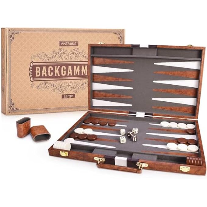 AMEROUS Backgammon Set 18 Inches Classic Board Game withLeather Case Folding Board Gift Package Portable Travel Strategy Backgammon Game Set for Adults Kids Large Brown - Image 2
