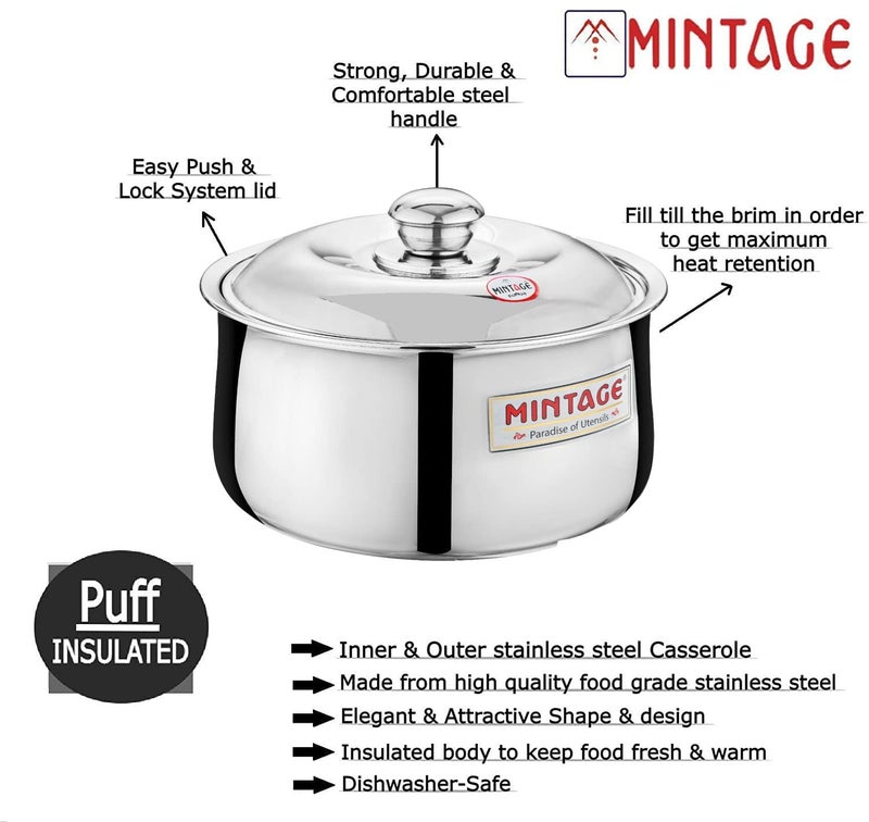 Mintage Harmony Casserole with Lid 1500 Ml | Casserole for Roti Hot Case | Casserole Stainless Steel Hot Pot, Food Grade | Casserole Rice-Gravy-Curry, Silver Hot Box with Steel Lid - Image 2