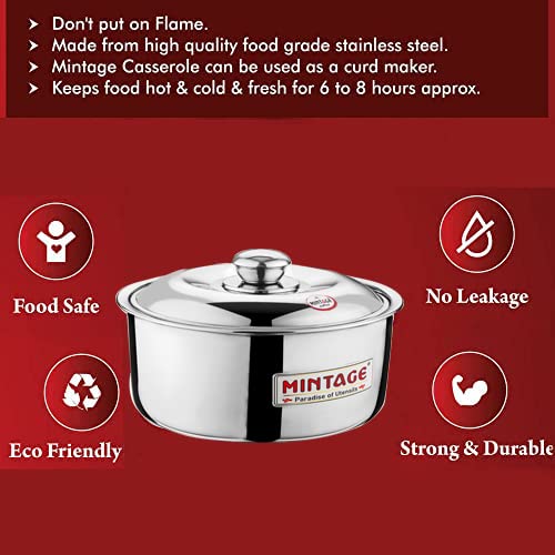 Mintage Harmony Casserole with Lid 1500 Ml | Casserole for Roti Hot Case | Casserole Stainless Steel Hot Pot, Food Grade | Casserole Rice-Gravy-Curry, Silver Hot Box with Steel Lid - Image 5