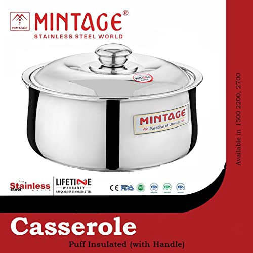 Mintage Harmony Casserole with Lid 1500 Ml | Casserole for Roti Hot Case | Casserole Stainless Steel Hot Pot, Food Grade | Casserole Rice-Gravy-Curry, Silver Hot Box with Steel Lid - Image 3