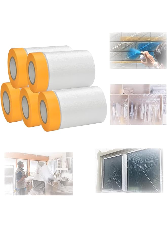 PROMASS promass Pre-Taped Masking Film, 5 Rolls Waterproof Protective Masking Film, Dust Sheets Roll Plastic Masking Film Rolls, Tape and Drape Masking Film for Painting, Car, Furniture Covering (55×20cm)  - Image 1