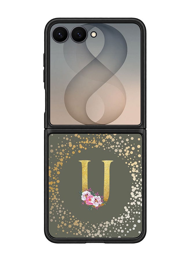 Stylizedd Rugged Case for Samsung Galaxy Z Flip8- Slim Fit Hybrid Rubber Cover Floral Monogram - U (Olive Green)