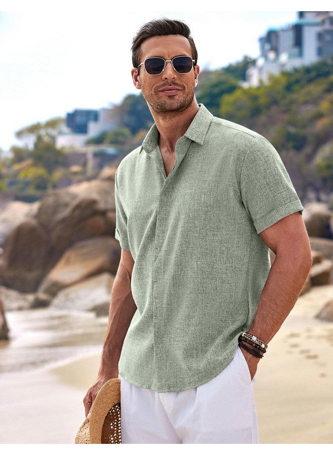 COOFANDY Men's Casual Button Down Shirts Linen Untucked Business Fitted Casual Shirt Short Sleeve Light Green - Image 3