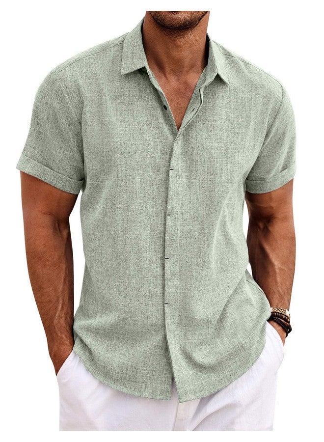 COOFANDY Men's Casual Button Down Shirts Linen Untucked Business Fitted Casual Shirt Short Sleeve Light Green - Image 1