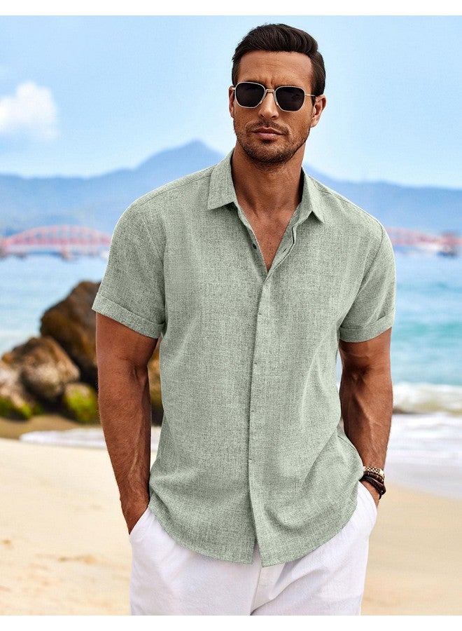 COOFANDY Men's Casual Button Down Shirts Linen Untucked Business Fitted Casual Shirt Short Sleeve Light Green - Image 2