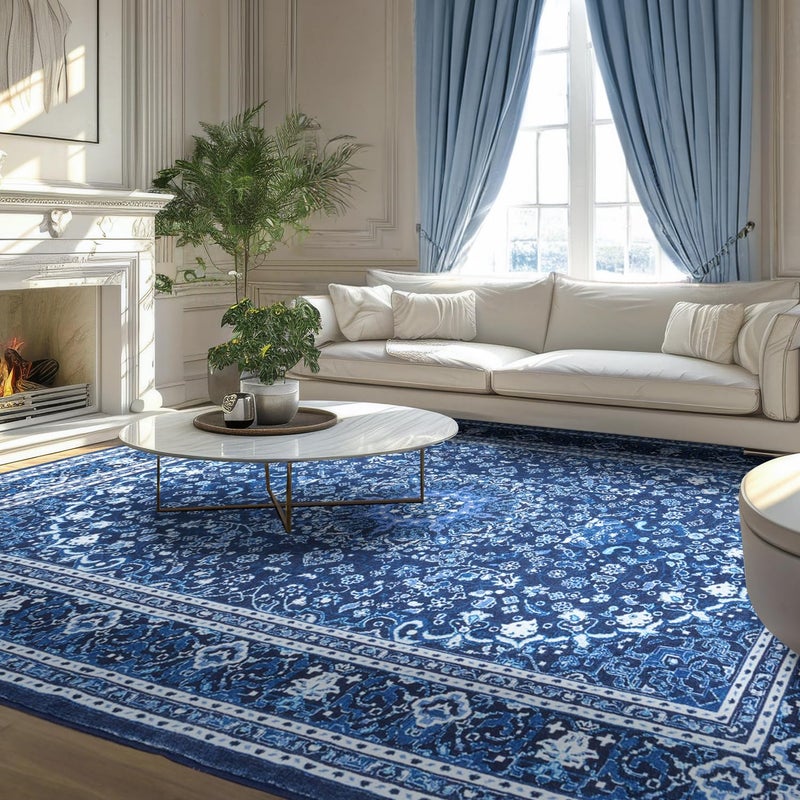 Lessymo Machine Washable Area Rug 5x7  Super Soft FauxWool Area Rug for Living Room Bedroom Boho Vintage Floral Medallion NonSlip Low Pile Kid  Pet Friendly Blue White