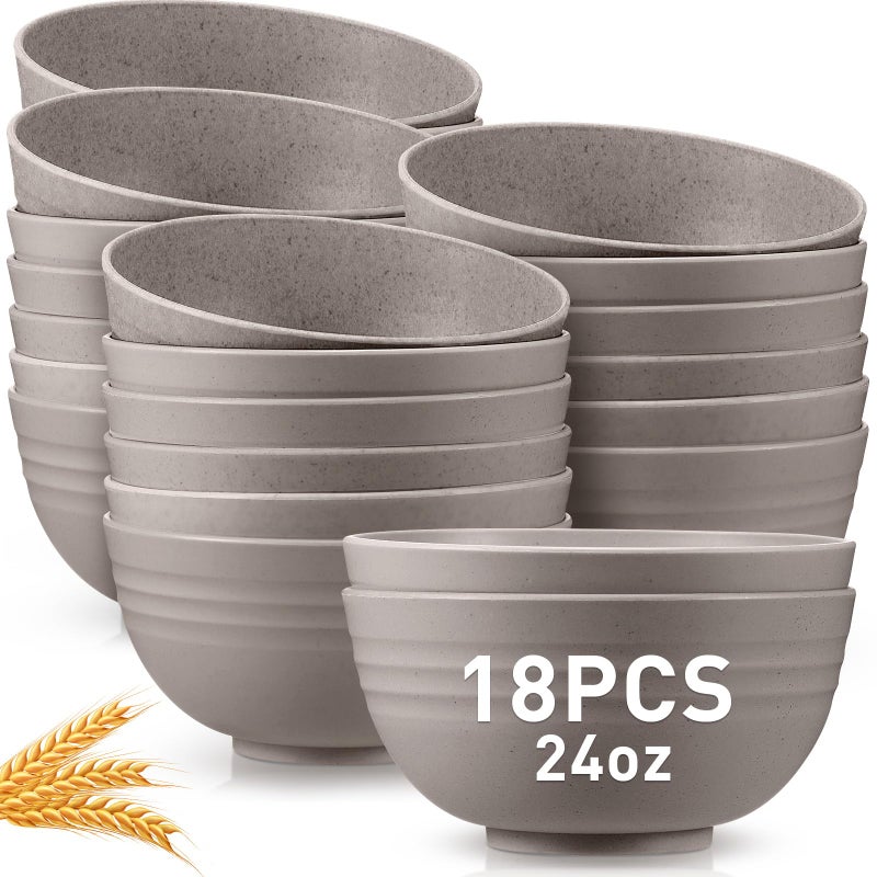 Geosar 18 Pcs Unbreakable Cereal Bowls 24 Oz Microwave and Dishwasher Safe Wheat Straw Fiber Lightweight Bowl for Soup Kitchen Serving Salad Dishes OatmealGray