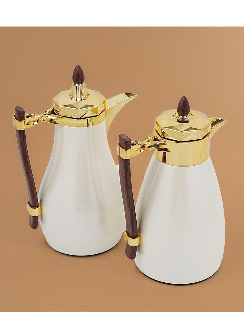Two-piece thermos set for tea and coffee, elegantly designed in full stainless steel.