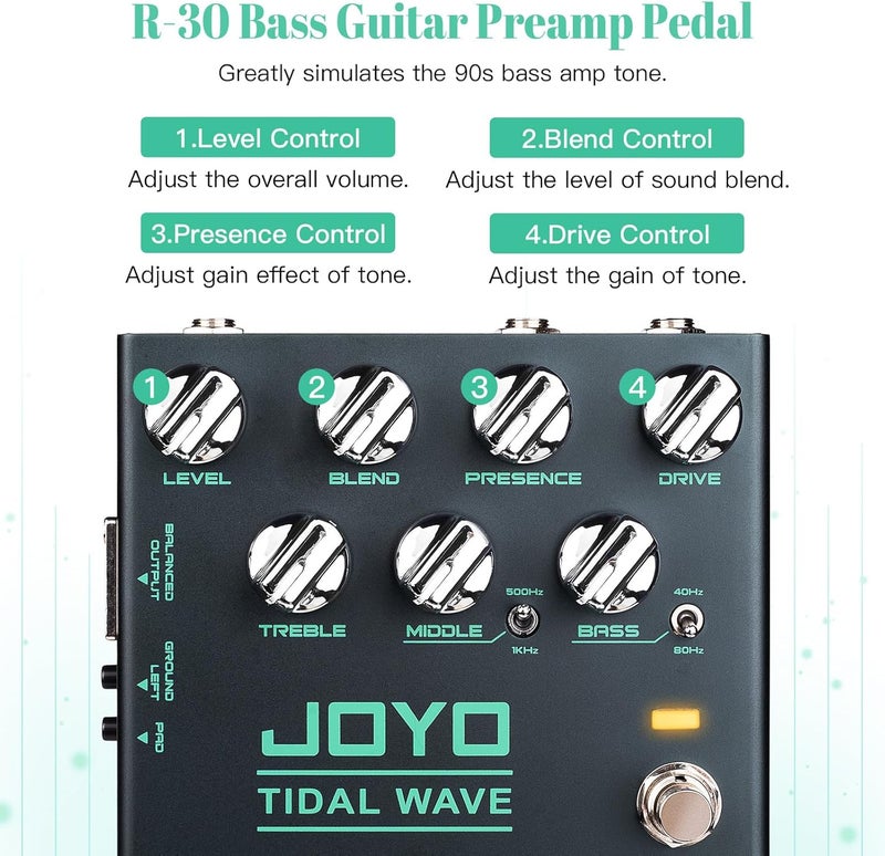 JOYO Bass Guitar Pedals Preamp Overdrive Pedal with EQ and Noise Reduction DI Output for Pop Funk Metal Bassist Electric Guitar (TIDAL WAVE R-30) - Image 2