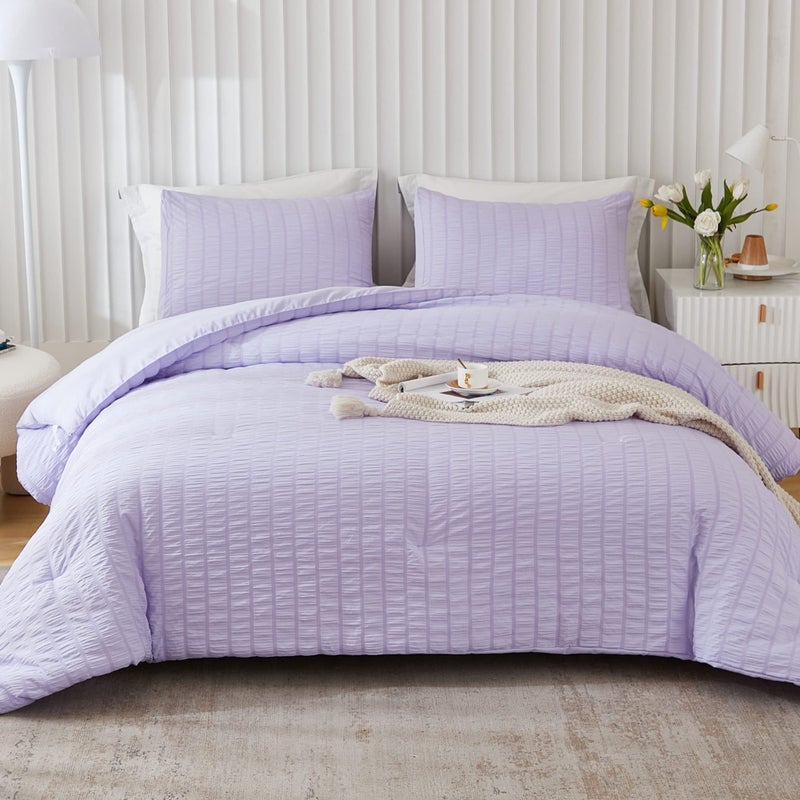 AveLom Lavender Purple Seersucker King Comforter Set104x90 inches3 Pieces100 Soft Washed Microfiber Lightweight Comforter with 2 Pillowcases All Season Down Alternative Comforter Set for Bedding