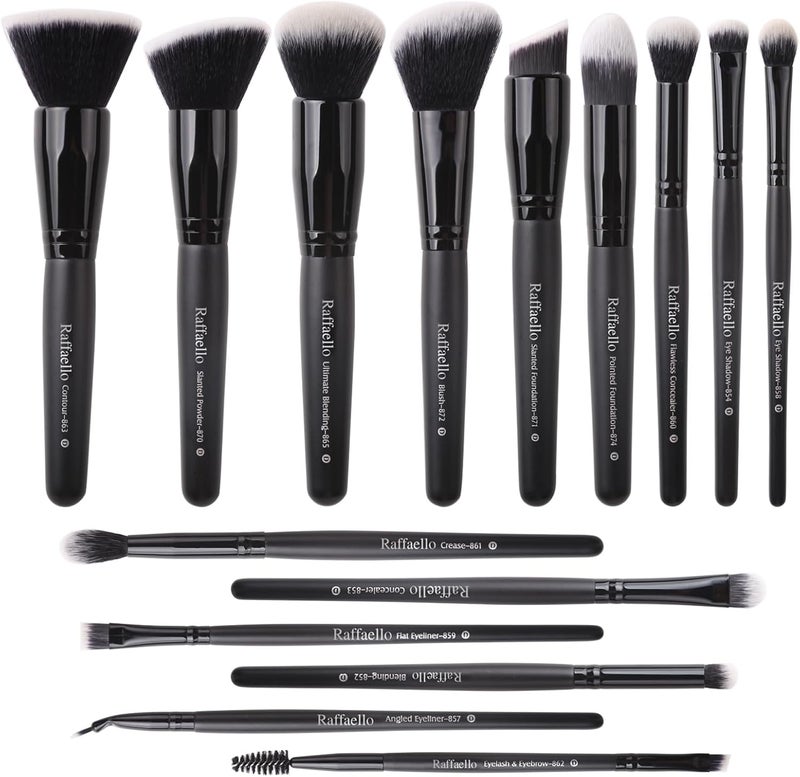 Raffaello Zoreya makeup brushes 15pcs makeup brush set premium synthetic kabuki brush cosmetics foundation concealers powder blush blending face eye shadows black brush sets - Image 1