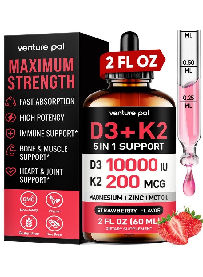 Venture Pal Vitamin D3 10000 IU Drops Plus K2 200 mcg with Magnesium, MCT Oil, Zinc, Vitamin D Liquid |Maximum Absorption for Bone, Mood & Immune Health (Strawberry, 2 Fl Oz) - Image 1
