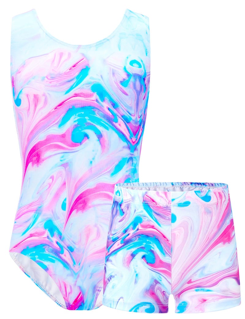 TENVDA Girls Gymnastics Leotards Set for 4t 5t Little Kids Tumbling Outfit Blue Pink Marble Tank Athletic Bodysuits - Image 1