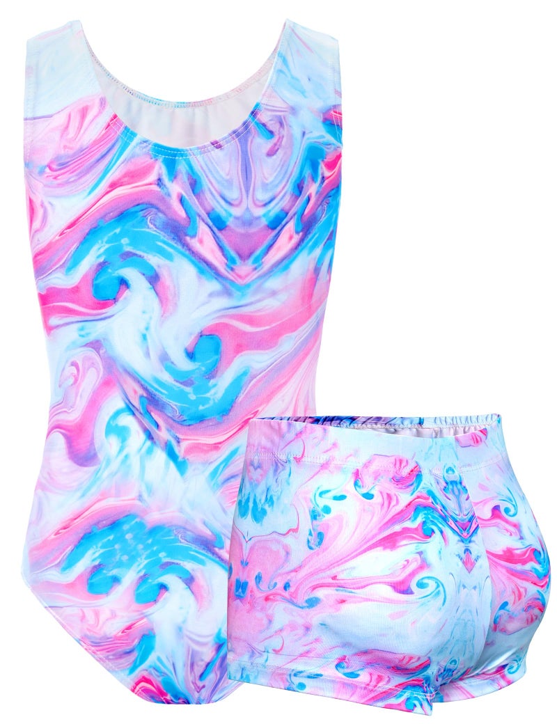TENVDA Girls Gymnastics Leotards Set for 4t 5t Little Kids Tumbling Outfit Blue Pink Marble Tank Athletic Bodysuits - Image 2