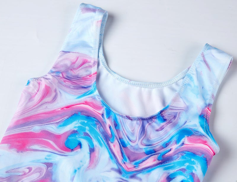 TENVDA Girls Gymnastics Leotards Set for 4t 5t Little Kids Tumbling Outfit Blue Pink Marble Tank Athletic Bodysuits - Image 4
