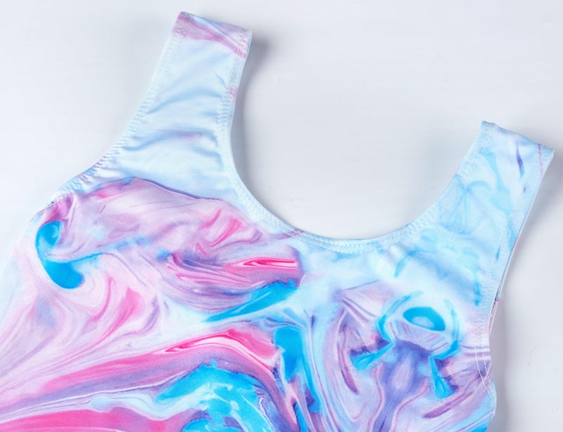 TENVDA Girls Gymnastics Leotards Set for 4t 5t Little Kids Tumbling Outfit Blue Pink Marble Tank Athletic Bodysuits - Image 3