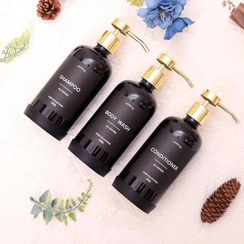 Janxin Shampoo and Conditioner Dispenser Set of 3,Refillable 21oz Shampoo Bottles with Non-Slip Protective Silicone Pad,Shower Soap Dispenser with Waterproof Labels for Bathroom (Black) - Image 5