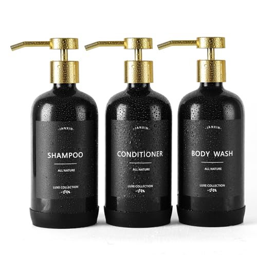 Janxin Shampoo and Conditioner Dispenser Set of 3,Refillable 21oz Shampoo Bottles with Non-Slip Protective Silicone Pad,Shower Soap Dispenser with Waterproof Labels for Bathroom (Black) - Image 1