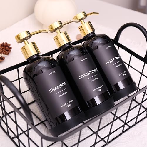 Janxin Shampoo and Conditioner Dispenser Set of 3,Refillable 21oz Shampoo Bottles with Non-Slip Protective Silicone Pad,Shower Soap Dispenser with Waterproof Labels for Bathroom (Black) - Image 4