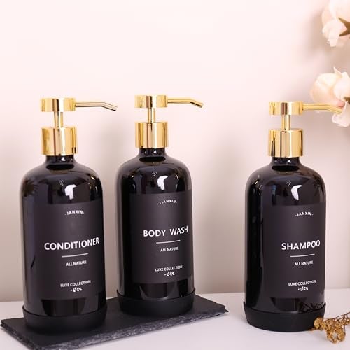 Janxin Shampoo and Conditioner Dispenser Set of 3,Refillable 21oz Shampoo Bottles with Non-Slip Protective Silicone Pad,Shower Soap Dispenser with Waterproof Labels for Bathroom (Black) - Image 3