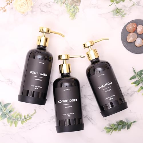 Janxin Shampoo and Conditioner Dispenser Set of 3,Refillable 21oz Shampoo Bottles with Non-Slip Protective Silicone Pad,Shower Soap Dispenser with Waterproof Labels for Bathroom (Black) - Image 2