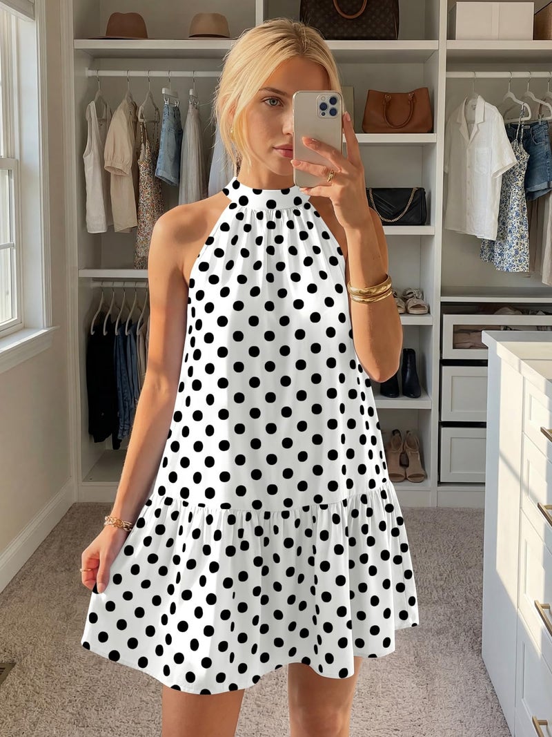 LILLUSORY Women Halter Dress Summer Mini Short Dresses A Line Polka Dot Petite Sundress Flowy Vacation Party Outfits 2026 Babydoll Trendy Resort Wear Date Night Tie Back Y2k Cute Clothes White S - Image 2