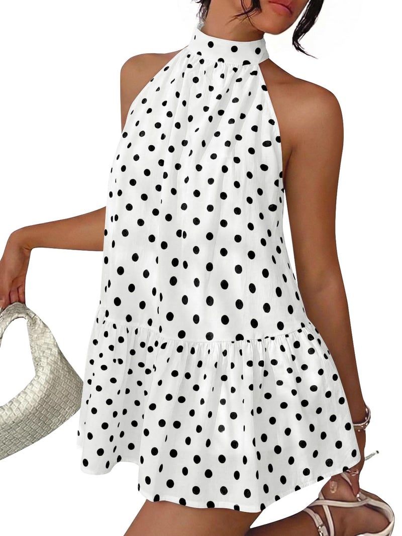 LILLUSORY Women Halter Dress Summer Mini Short Dresses A Line Polka Dot Petite Sundress Flowy Vacation Party Outfits 2026 Babydoll Trendy Resort Wear Date Night Tie Back Y2k Cute Clothes White S - Image 1