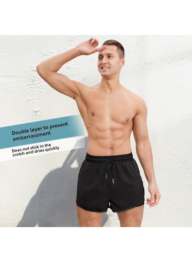 إسكدنيا Swimming Trunks Men's Hot Spring Anti-embarrassment Loose Swimming Trunks Swimsuit Set Double-layer Beach Trunks Swimming Equipment-Color:Green (no Pocket)- - Image 5