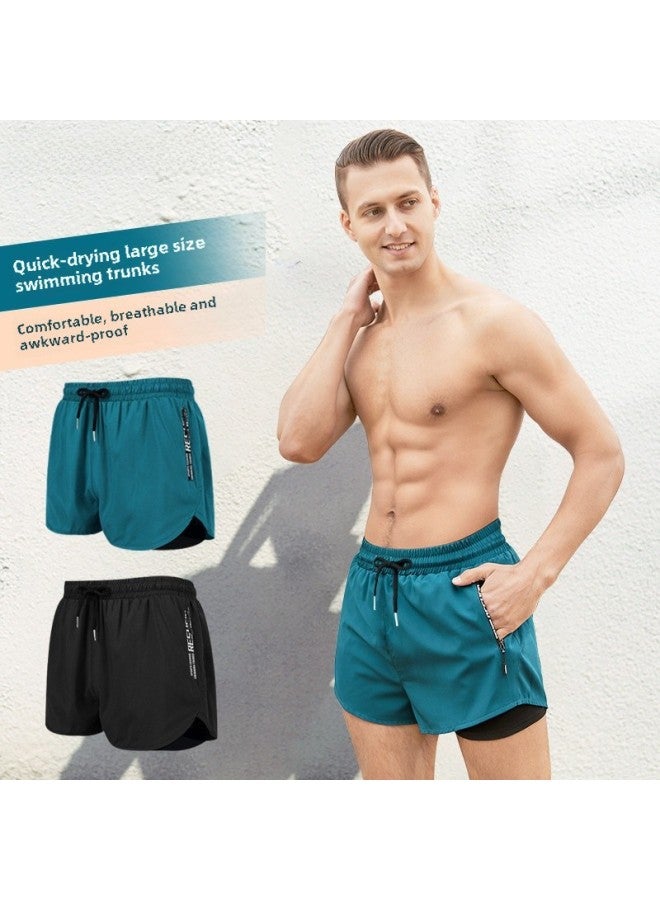 إسكدنيا Swimming Trunks Men's Hot Spring Anti-embarrassment Loose Swimming Trunks Swimsuit Set Double-layer Beach Trunks Swimming Equipment-Color:Green (no Pocket)- - Image 4
