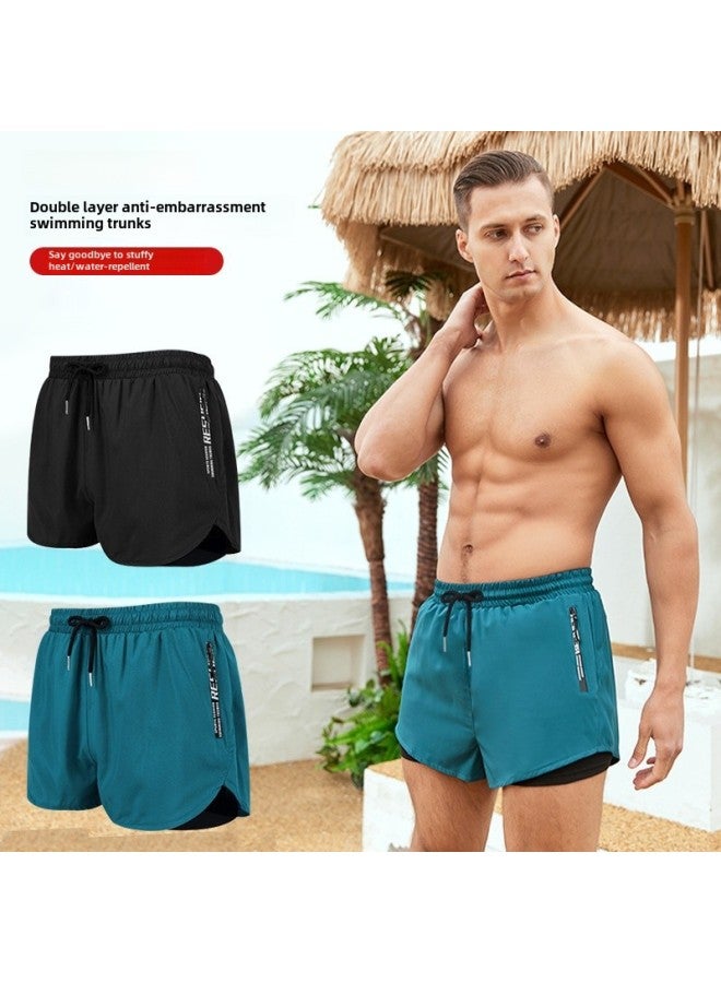 إسكدنيا Swimming Trunks Men's Hot Spring Anti-embarrassment Loose Swimming Trunks Swimsuit Set Double-layer Beach Trunks Swimming Equipment-Color:Green (no Pocket)- - Image 2