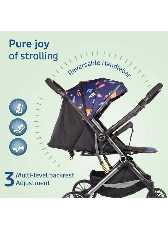 Luvlap Alpha Baby Stroller/Pram, One Fold, Travel Friendly, 5 Point Safety Harness, Reversible Handle bar, Multilevel Recline & Adjustable footrest, Extendable Canopy, for Babies 0-3 Years (Blue) - Image 2