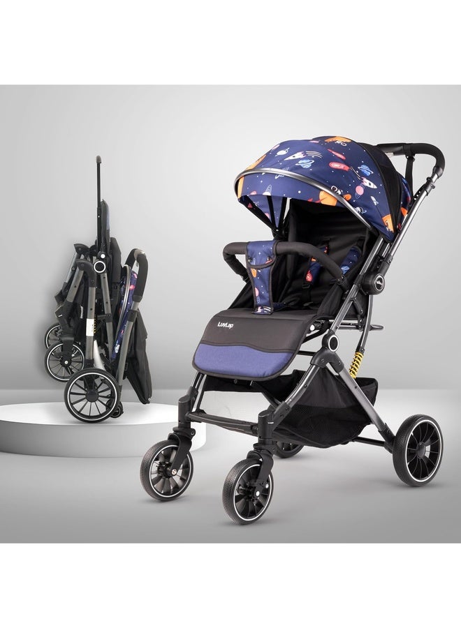 Luvlap Alpha Baby Stroller/Pram, One Fold, Travel Friendly, 5 Point Safety Harness, Reversible Handle bar, Multilevel Recline & Adjustable footrest, Extendable Canopy, for Babies 0-3 Years (Blue) - Image 1