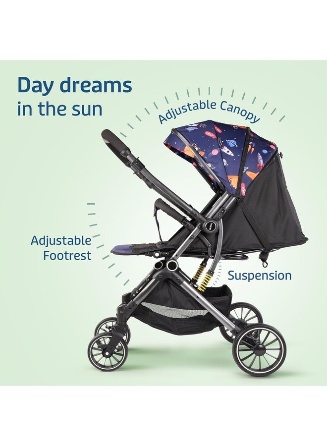 Luvlap Alpha Baby Stroller/Pram, One Fold, Travel Friendly, 5 Point Safety Harness, Reversible Handle bar, Multilevel Recline & Adjustable footrest, Extendable Canopy, for Babies 0-3 Years (Blue) - Image 3