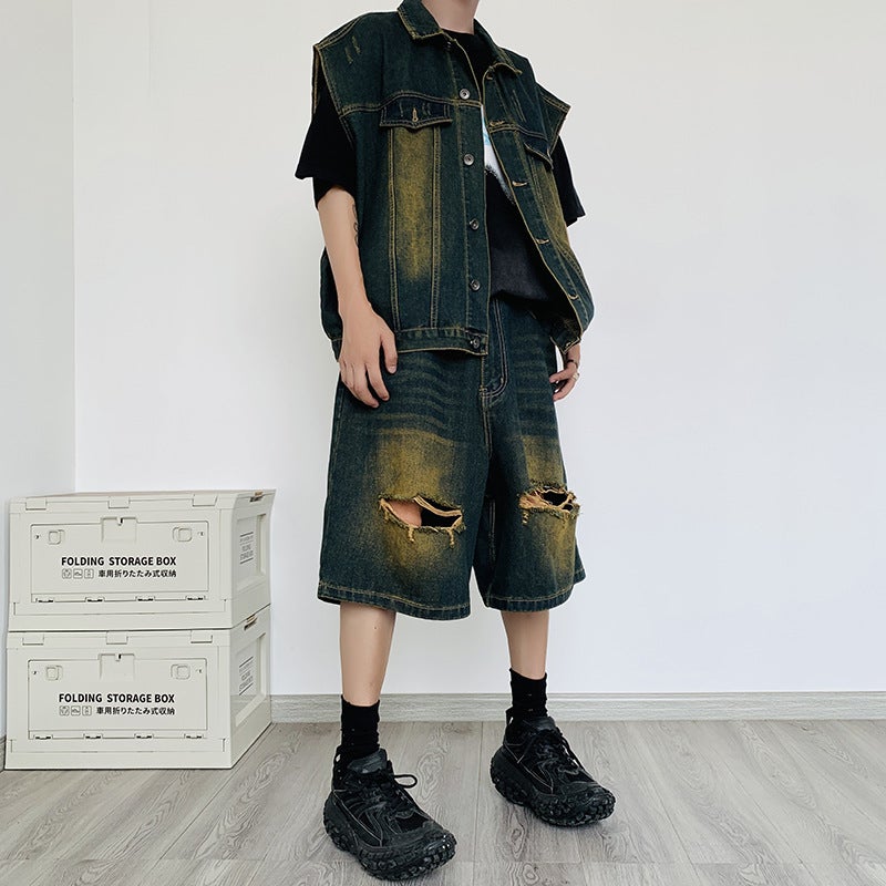Summer Denim Vest Shorts Set Casual Korean Men Dark blue - Image 5
