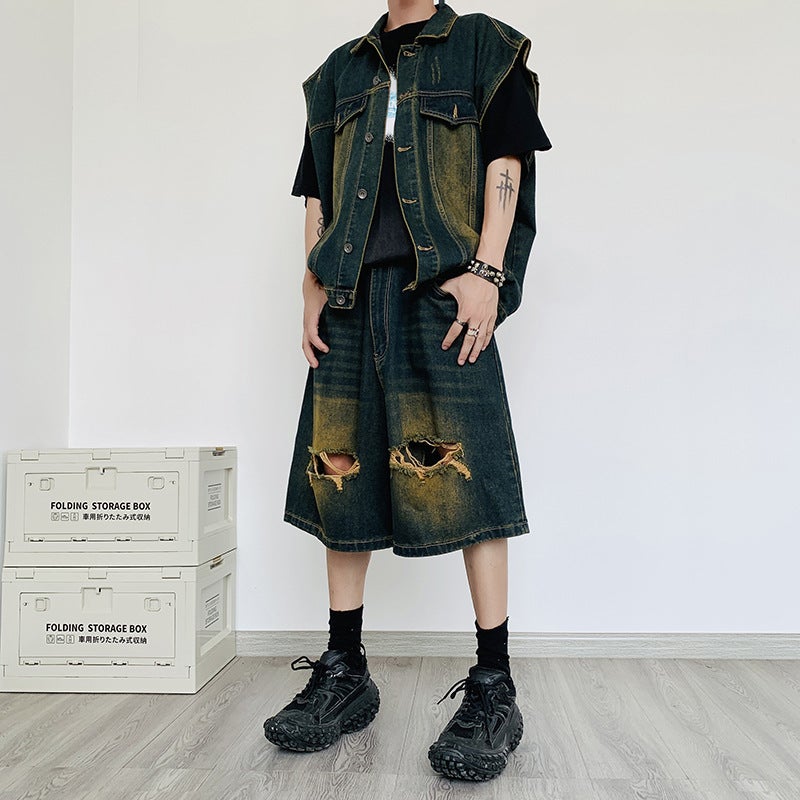 Summer Denim Vest Shorts Set Casual Korean Men Dark blue - Image 1
