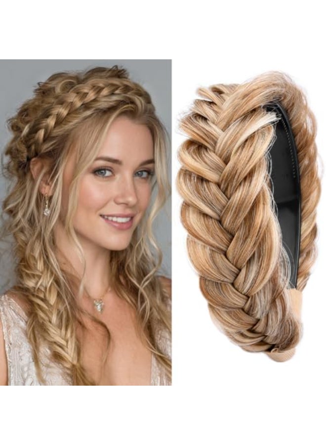 DIGUAN Wide Messy Braided Headband With Teeth Synthetic Hair Plaited Headband High Elasticity Braids Chunky Fishtail Braided Hair Band Hairpiece for Girls Women Beauty Accessory Caramel Blonde - Image 1