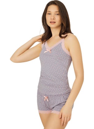 COTTONHILL Gray Patterned Thin Strappy Shorts Cotton Pajama Set  - Image 1