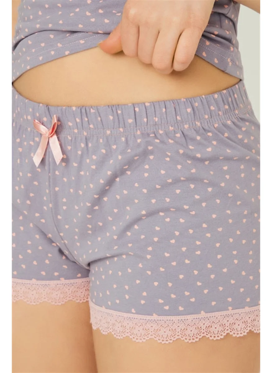COTTONHILL Gray Patterned Thin Strappy Shorts Cotton Pajama Set