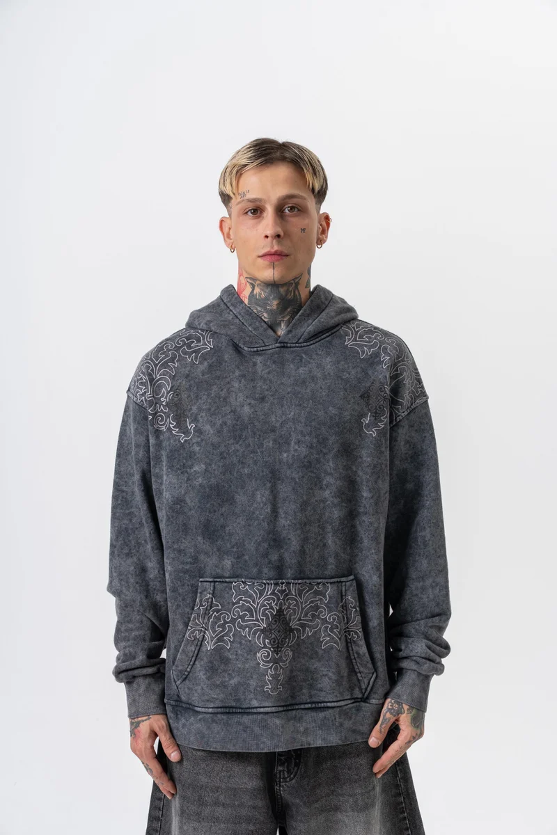 RESPIRE Men's 10 Printed Washed Hooded Oversize Hoodie Black
