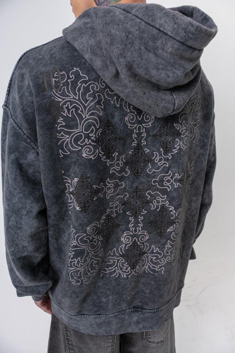 ريسباير هودي رجالي واسع (Oversize) بغطاء رأس مغسول ومطبوع برقم "10" لون أسود - Image 4