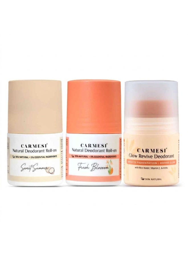 كارميسي مجموعة مزيلات العرق الدوارة لمنطقة تحت الإبط للنساء من Carmesi - تشكيلة Glow Revive وFresh Blossom وSweet Summer (3 عبوات × 50 مل) | يقلل من التصبغات ويتحكم في الروائح | لمنطقة تحت الإبطين تنعم بالانتعاش | يحتوي على 2% (وزناً/وزناً) من حمض الساليسيليك - Image 1