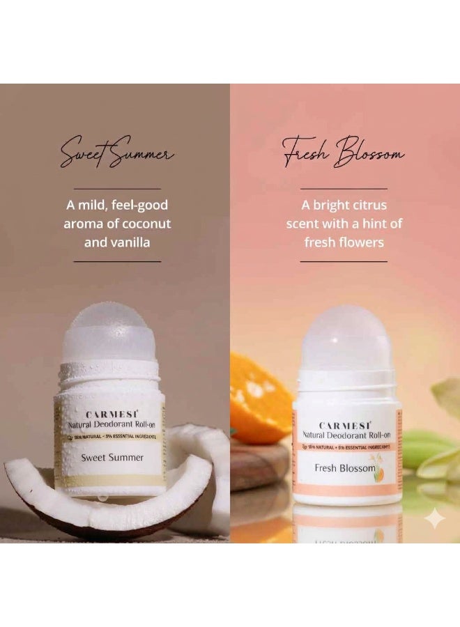 كارميسي مجموعة مزيلات العرق الدوارة لمنطقة تحت الإبط للنساء من Carmesi - تشكيلة Glow Revive وFresh Blossom وSweet Summer (3 عبوات × 50 مل) | يقلل من التصبغات ويتحكم في الروائح | لمنطقة تحت الإبطين تنعم بالانتعاش | يحتوي على 2% (وزناً/وزناً) من حمض الساليسيليك - Image 2