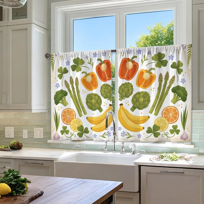 Vegetables Kitchen Curtains, Farmhouse Rustic Fruits Herbs Spring Green Cafe Curtain Panels with Rod Pocket for Small Rv Sink Area Narrow Window 28x39 Inch - Image 4