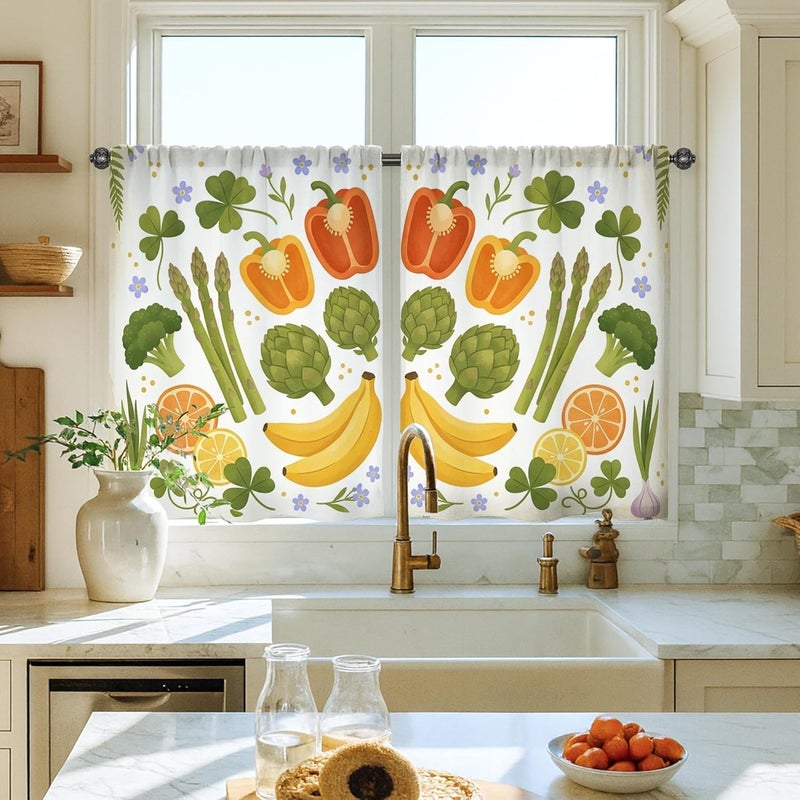 Vegetables Kitchen Curtains, Farmhouse Rustic Fruits Herbs Spring Green Cafe Curtain Panels with Rod Pocket for Small Rv Sink Area Narrow Window 28x39 Inch - Image 1