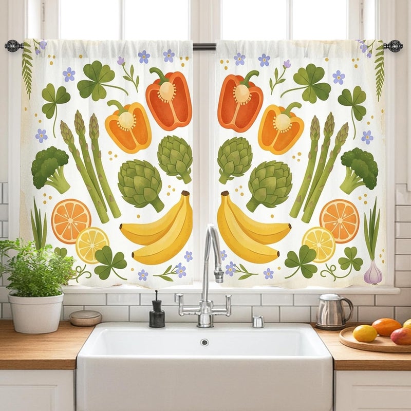 Vegetables Kitchen Curtains, Farmhouse Rustic Fruits Herbs Spring Green Cafe Curtain Panels with Rod Pocket for Small Rv Sink Area Narrow Window 28x39 Inch - Image 2
